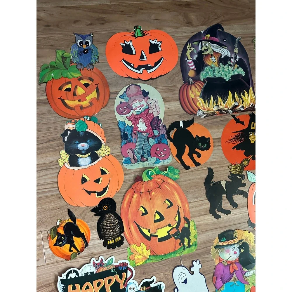 Vintage 30 Halloween Die Cut Paper Decorations Lot Witches Ghosts Cats Pumpkins